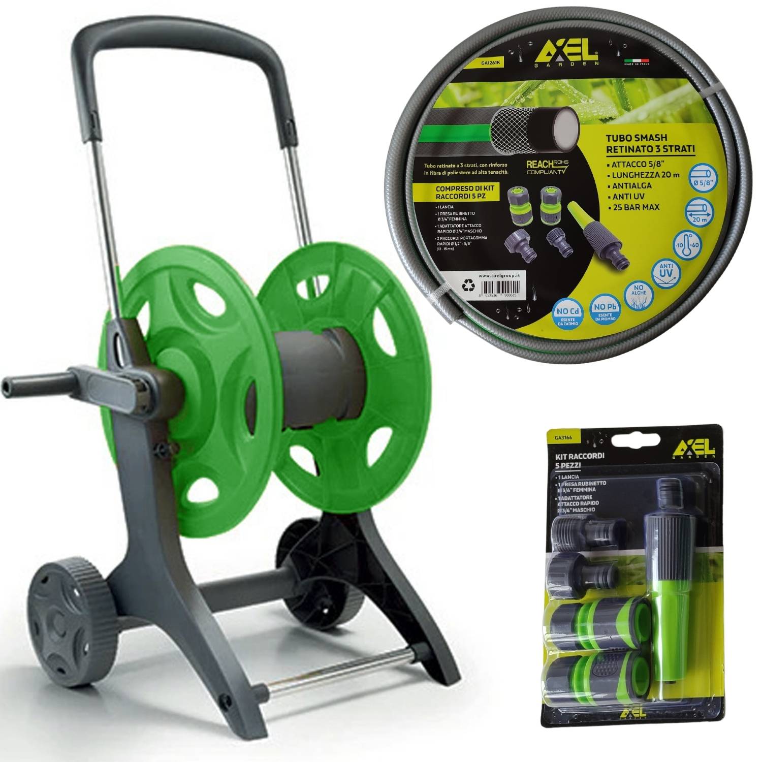 CARRELLO AVVOLGITUBO KIT con Tubo e Accessori per Irrigazione