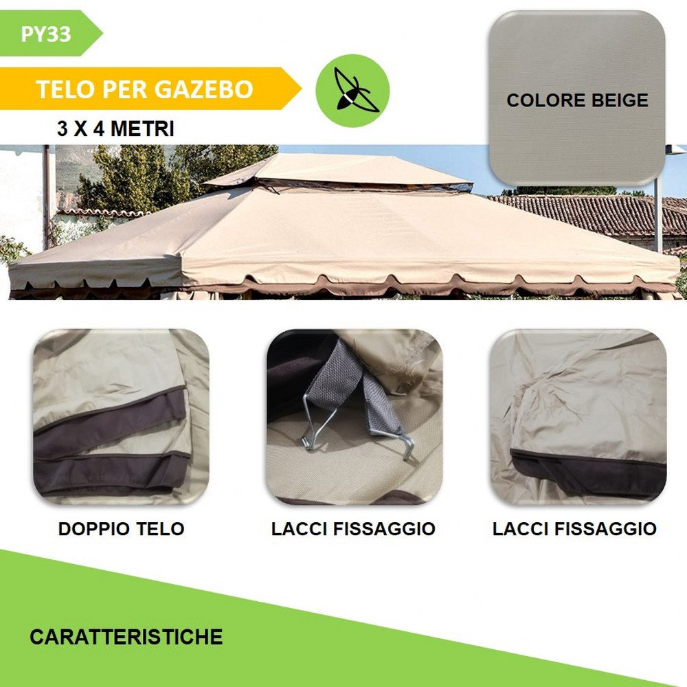 Telo gazebo 3x4 ROMA Copertura in tessuto poliestere, per gazebo da giardino esterno