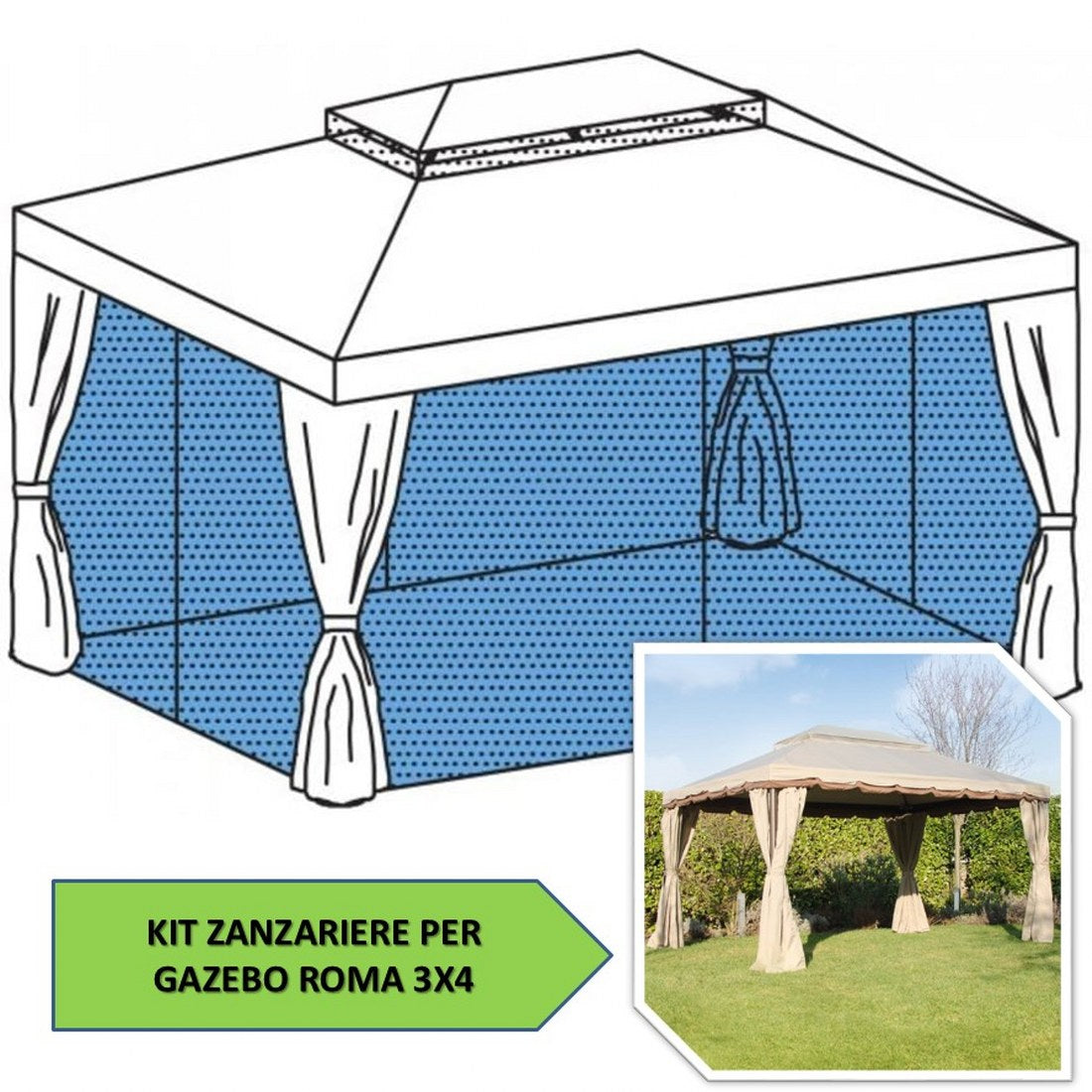 Kit zanzariere laterali per Gazebo Roma 3X4 mt - in tessuto zanzariera