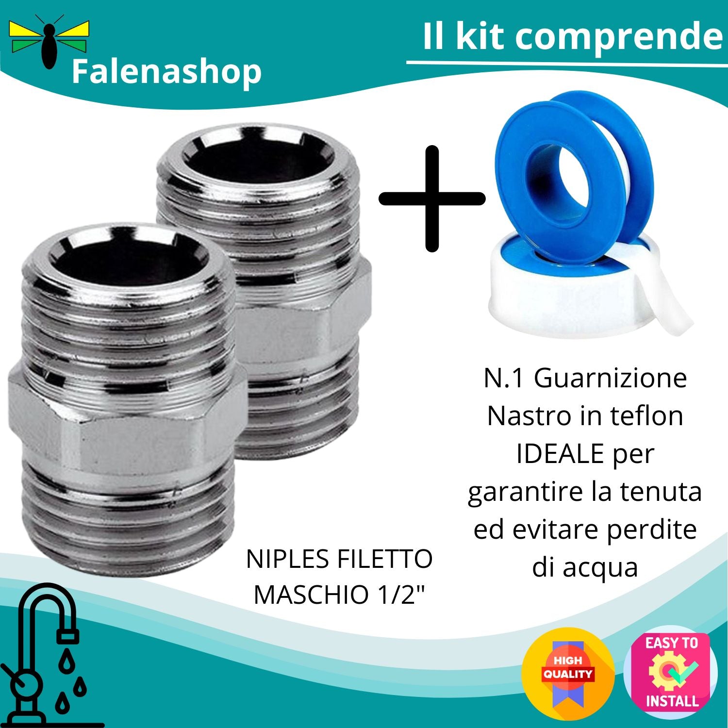 Niples 2pz Raccordo Maschio 1/2" cromato incluso teflon falenashop.myshopify.com