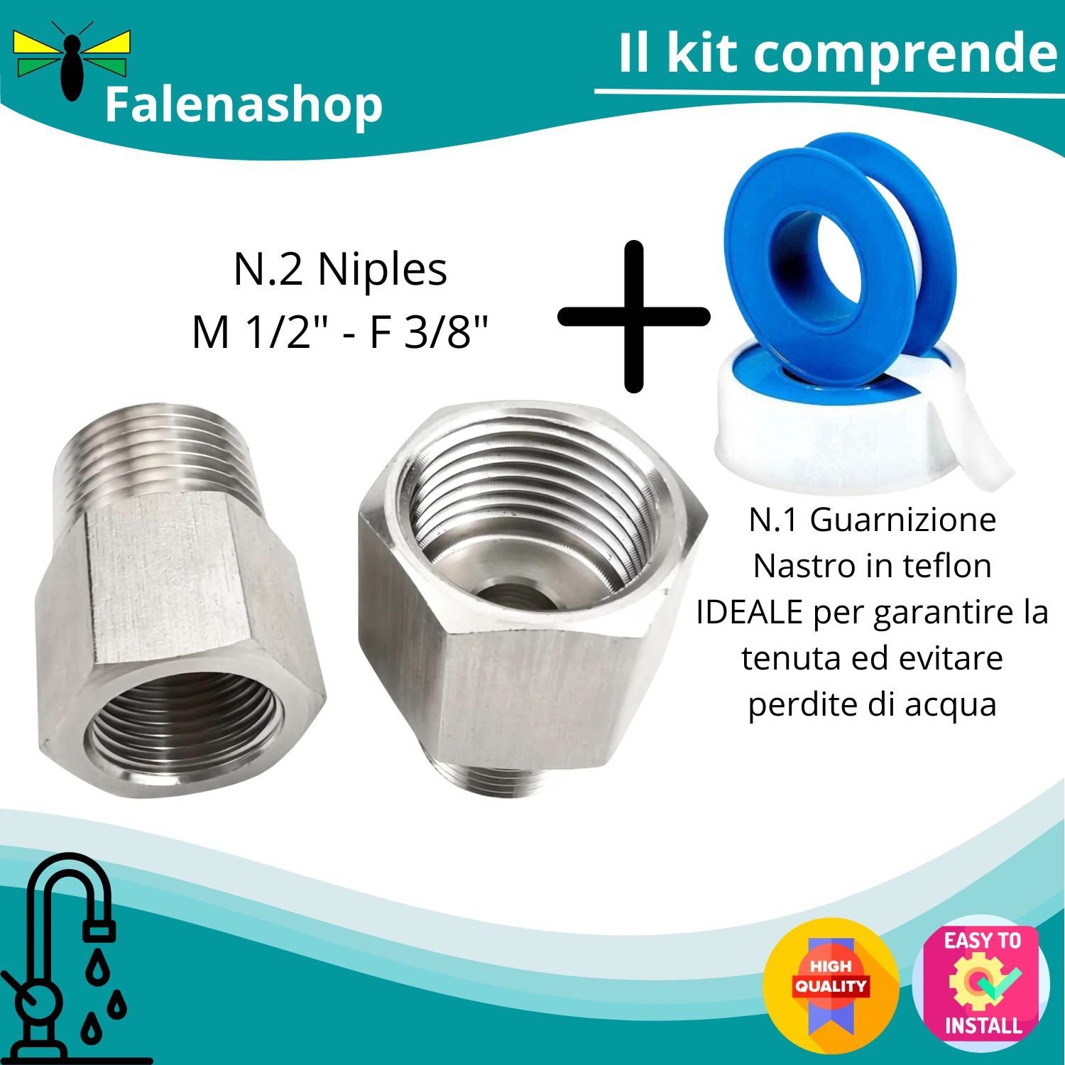 Niples 2pz MF Maschio 1/2" Femmina 3/8" cromato incluso teflon falenashop.myshopify.com