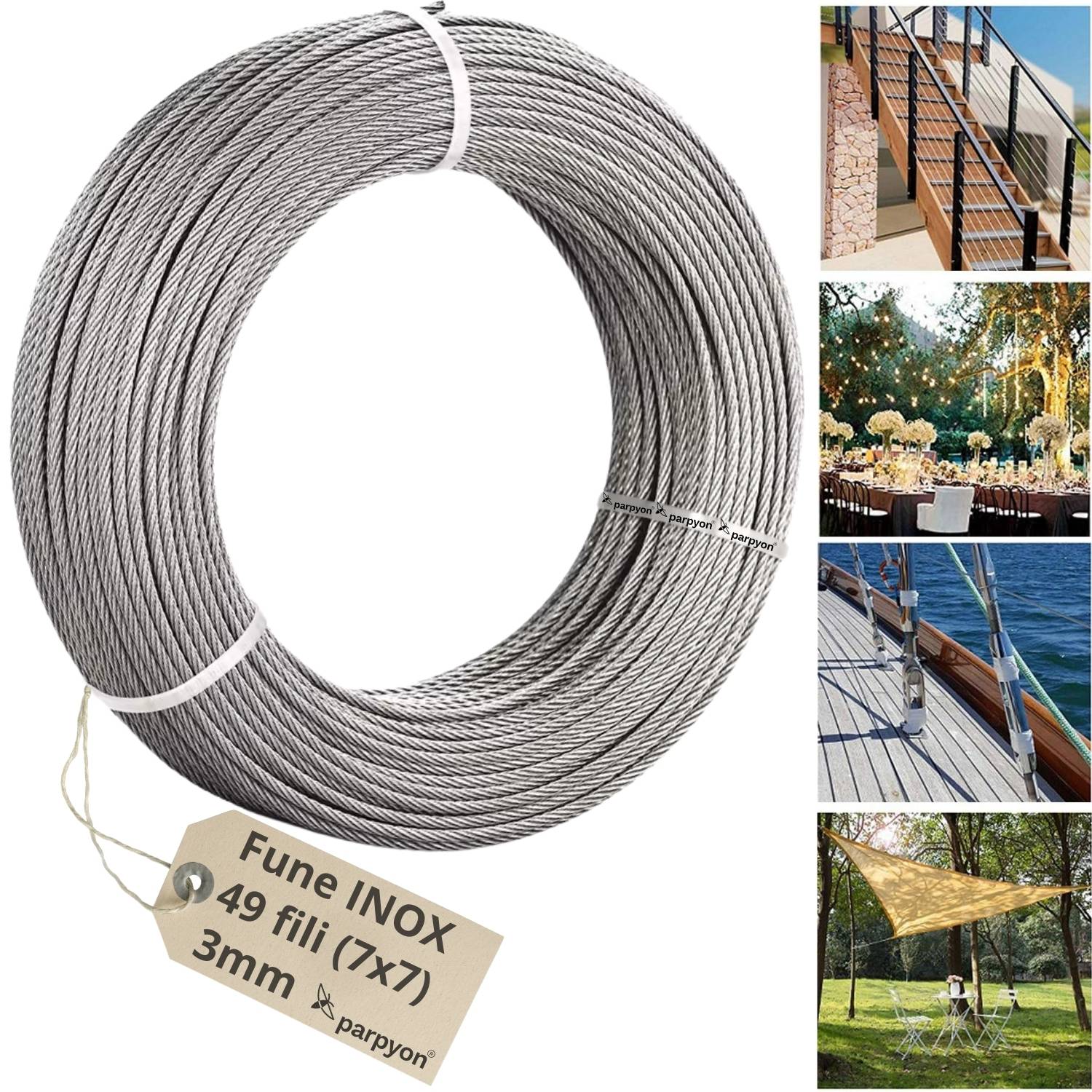 Fune Acciaio INOX AISI 316 per Esterno 49F.- D.3mm falenashop.myshopify.com