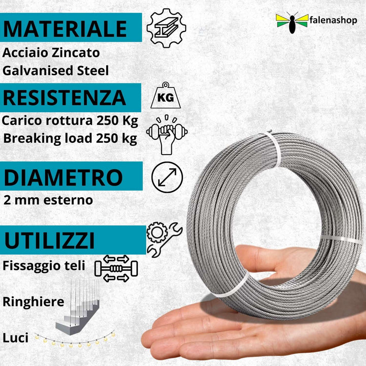 Fune Acciaio Zincato Cavo metallico 42F. d.2mm