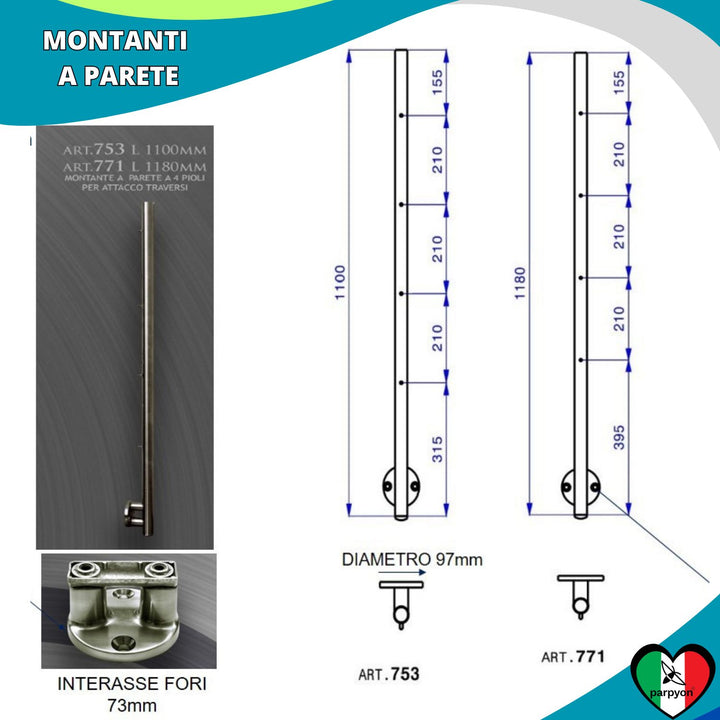Montante per Ringhiera Grigio G.Fissaggio Laterale