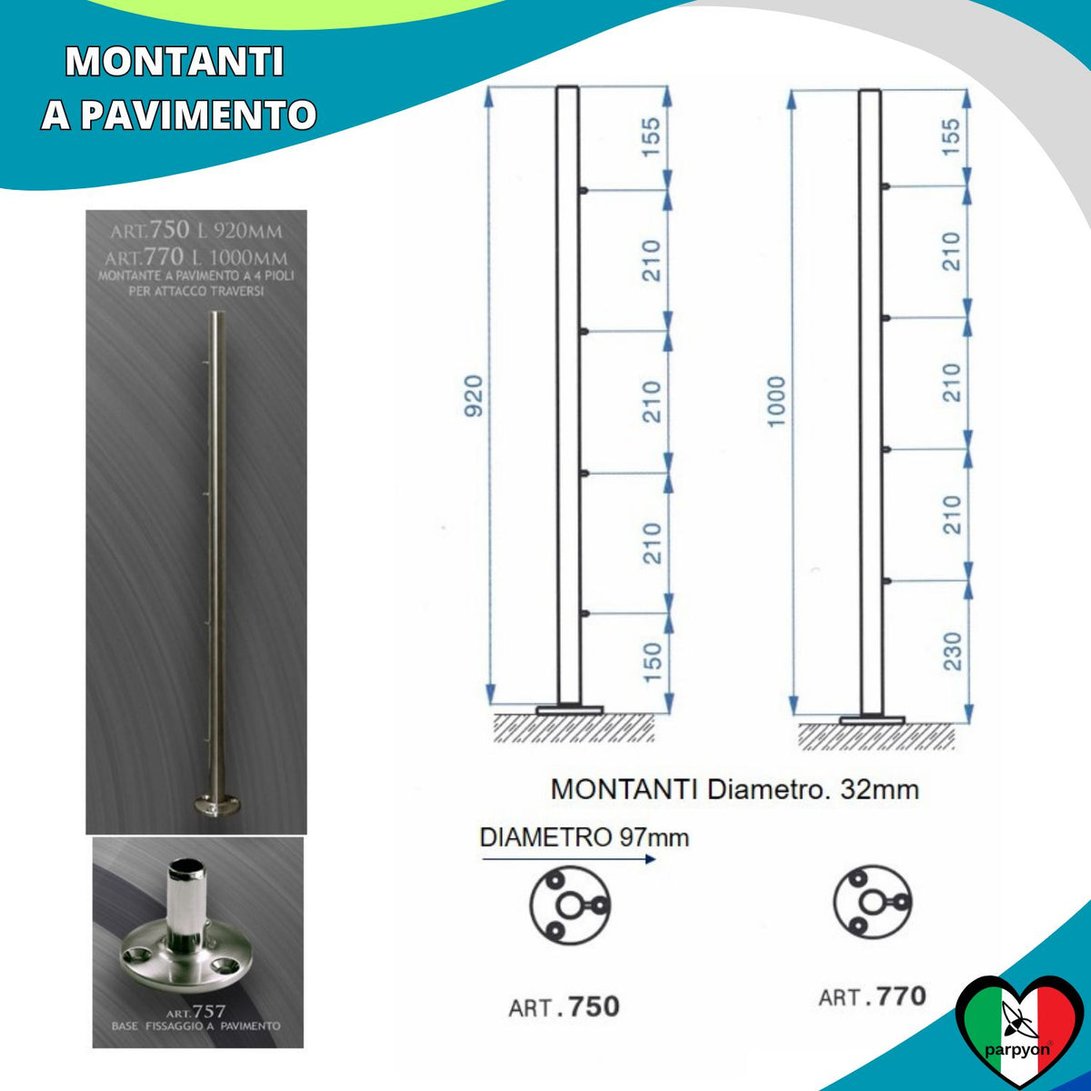 Montante per Ringhiera Grigio G. Fissaggio Pavimento falenashop.myshopify.com