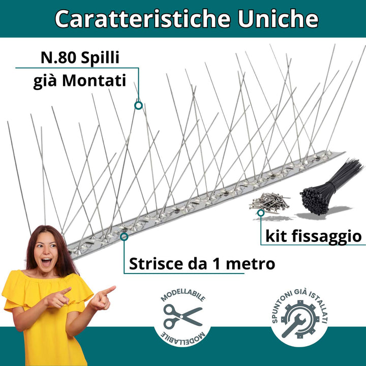 Dissuasori per Piccioni Scaccia Volatili Roditori da esterno in Acciaio Inox con 80 Spuntoni già montati varie misure