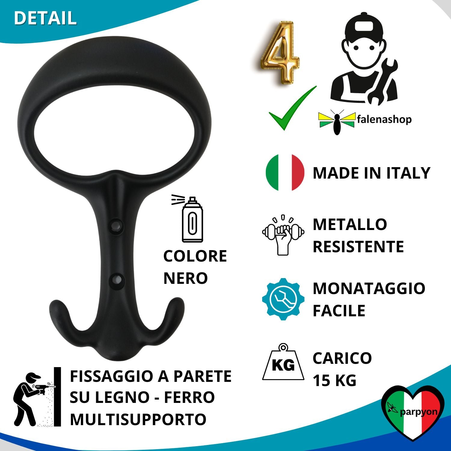 Appendiabiti a parete, 4 ganci attaccapanni a muro (MOD.107) falenashop.myshopify.com