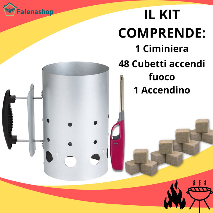 Ciminiera Barbecue accendi carbonella BBQ Kit + accendifuoco 12 cubetti e accendi Gas Omaggio
