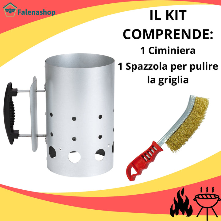 Ciminiera Barbecue accendi carbonella BBQ Kit + Spazzola acciaio Omaggio