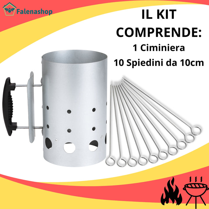 Ciminiera Barbecue accendi carbonella BBQ Kit + 10 spiedini