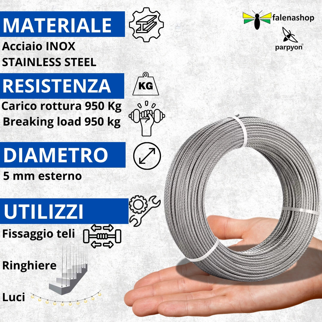 Fune Acciaio INOX AISI 316 per Esterno 49F.- D.5mm