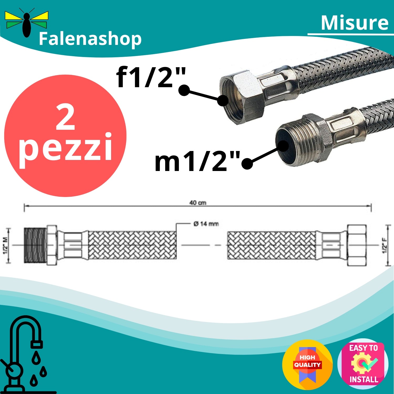 Flessibile Tubo acqua M/F 1/2" 40CM - 2pz falenashop.myshopify.com