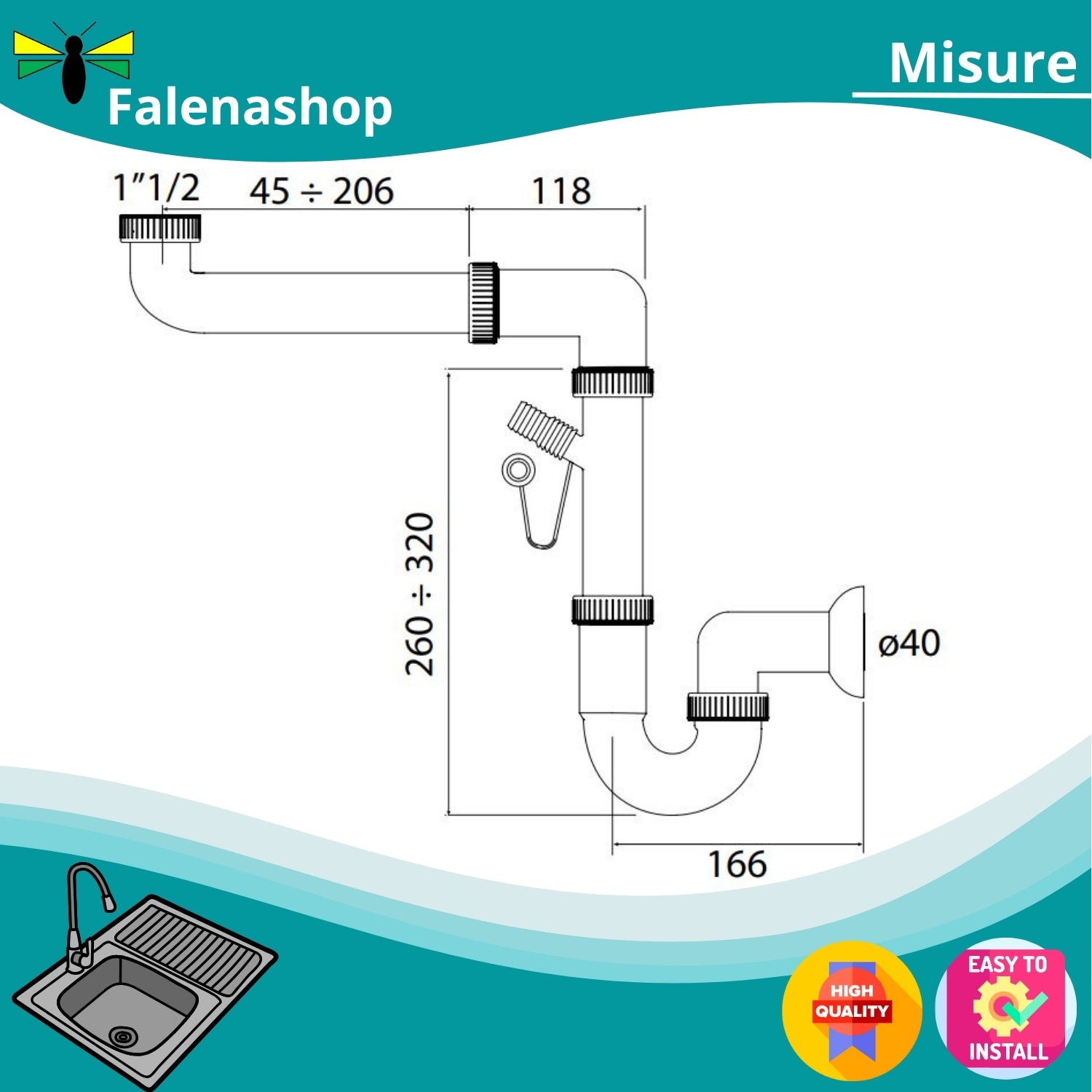 Sifone Lavello Cucina SALVASPAZIO 1V 1-12"X40 falenashop.myshopify.com