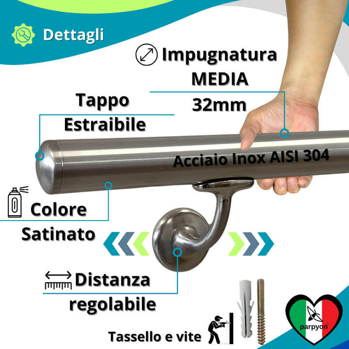 Corrimano a muro in Acciaio Inox D.32mm V42R ACCIAIO INOX