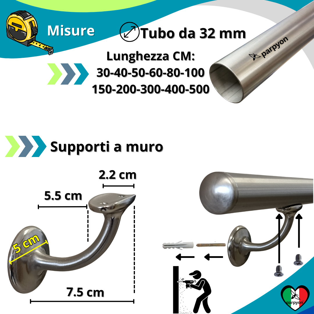 Corrimano a muro in Acciaio Inox D.32mm V42R ACCIAIO INOX