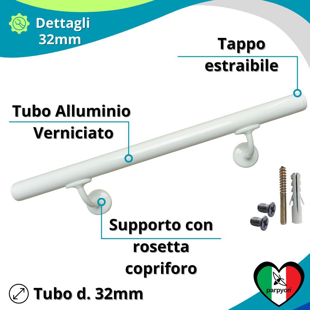 Corrimano scala interna in metallo BIANCO D.32mm supporti V42R falenashop.myshopify.com