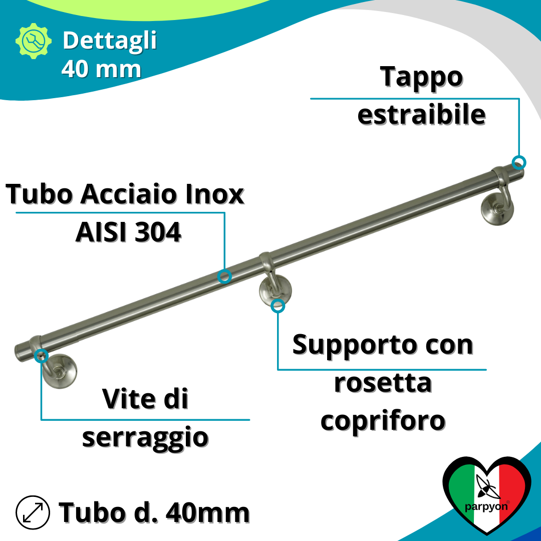 Corrimano scala interna in Acciaio Inox D.40mm con sup. 525 falenashop.myshopify.com