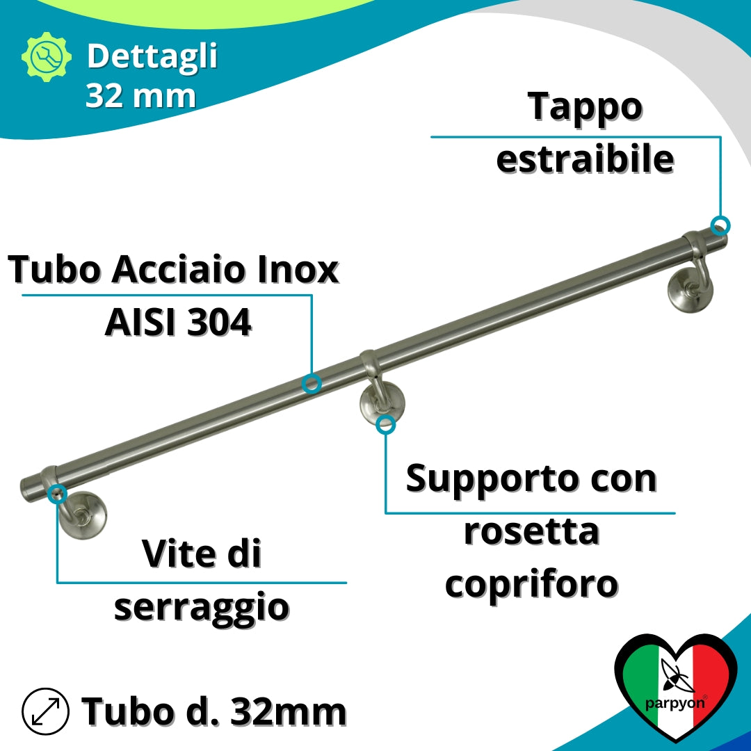 Corrimano scala interna in Acciaio Inox Satinato D.32 con sup 525 falenashop.myshopify.com