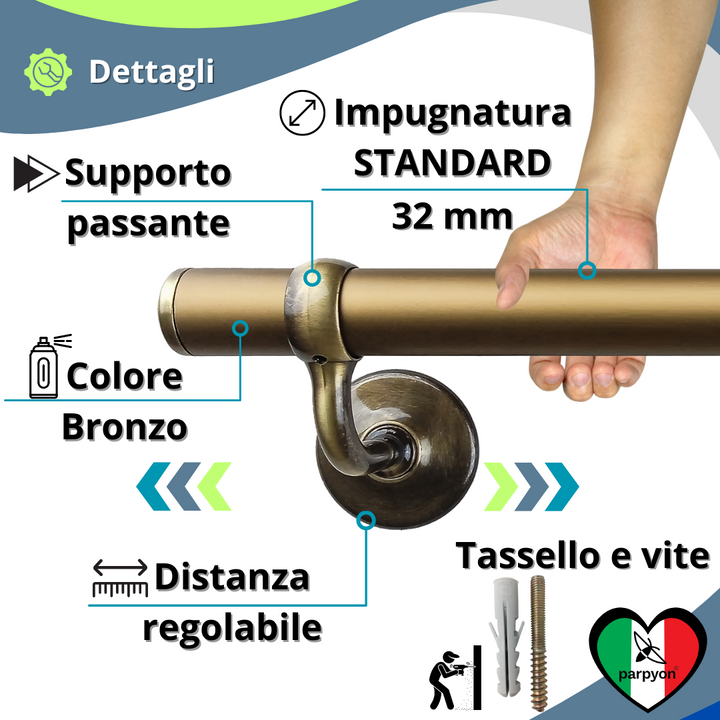 Corrimano scala interna in Metallo BRONZO con supporti a muro 525