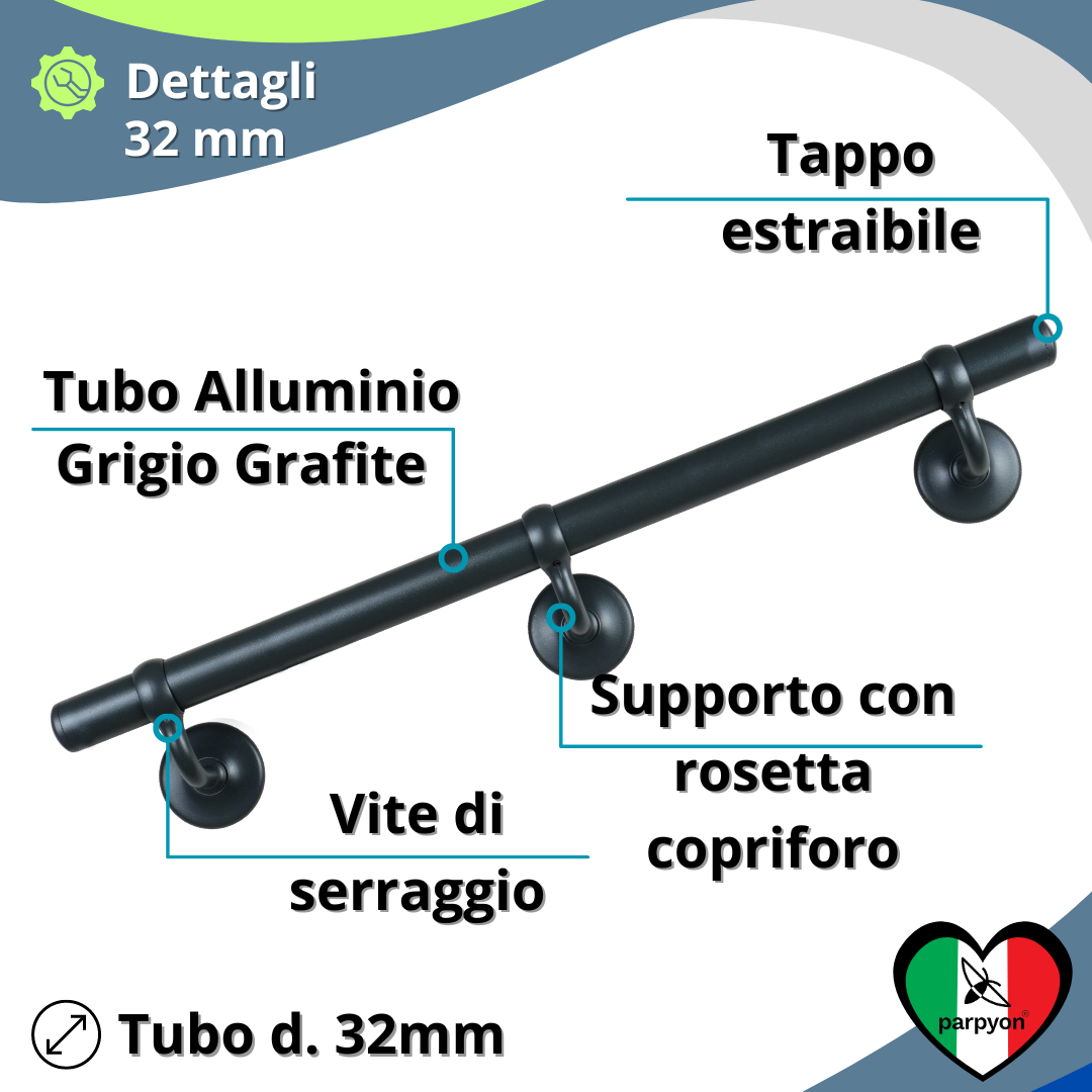 Corrimano scala interna in Metallo G.GRAFITE con supporti a muro 525 falenashop.myshopify.com
