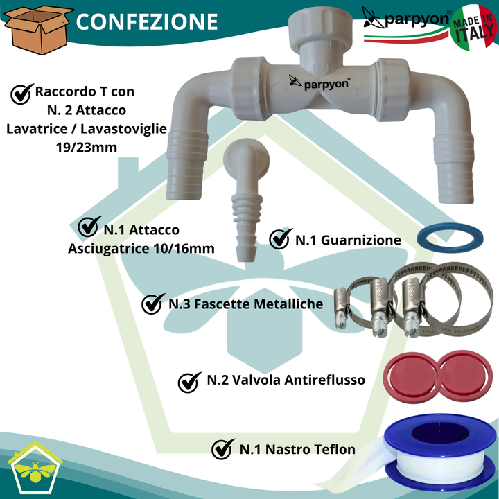 Sifone Scarico doppio Lavatrice + Asciugatrice a muro Filetto 1"
