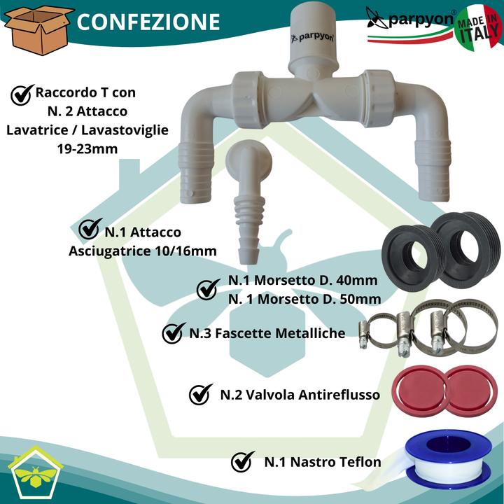 Sifone Scarico doppio Lavatrice + Asciugatrice a muro d.32