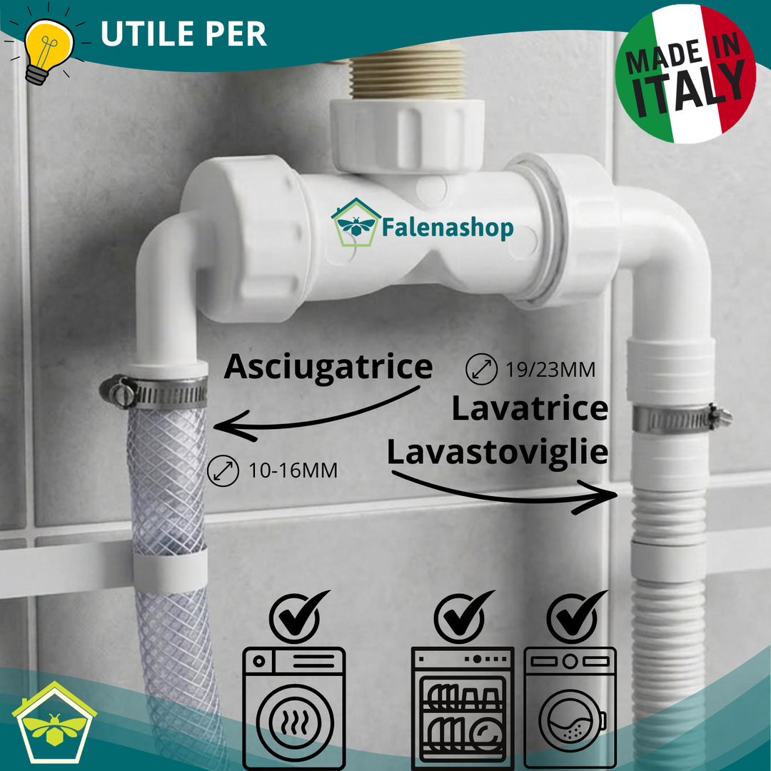 Sifone Scarico doppio Lavatrice + Asciugatrice a muro Filetto 1"