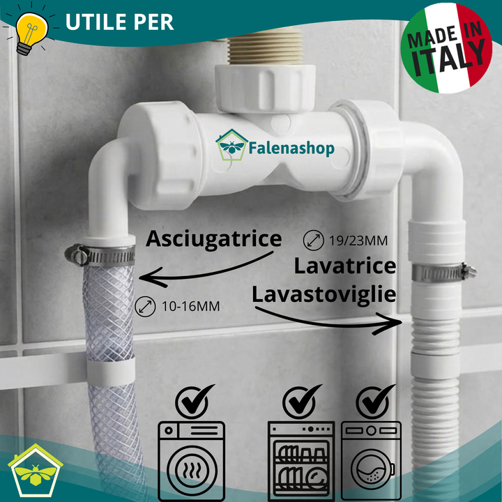 Sifone Scarico doppio Lavatrice + Asciugatrice a muro Filetto 1"