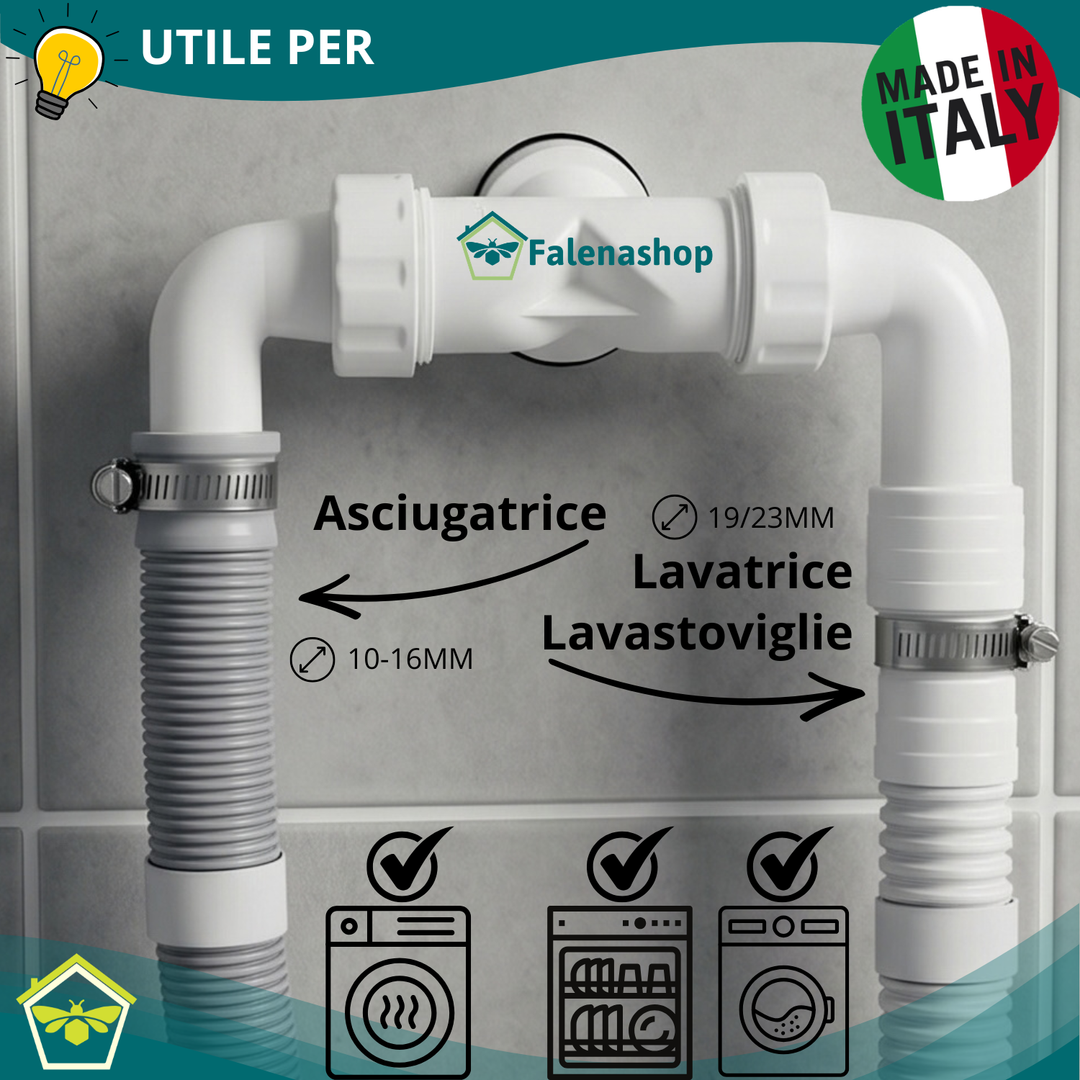 Sifone Scarico doppio Lavatrice + Asciugatrice a muro d.32