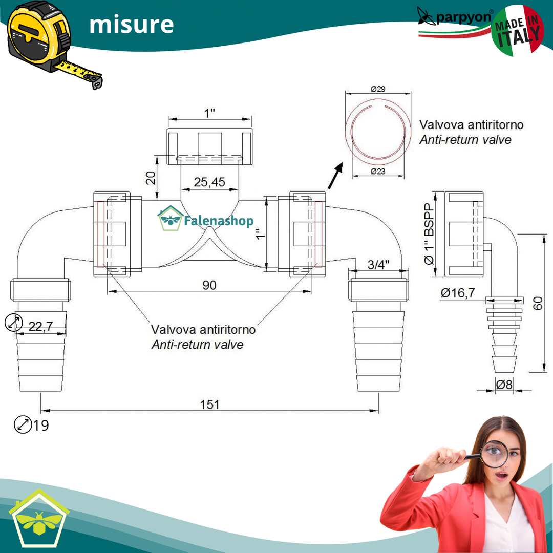 Sifone Scarico doppio Lavatrice + Asciugatrice a muro Filetto 1"