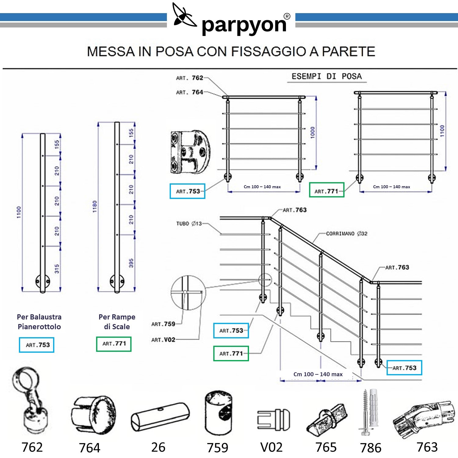 Corrimano per scale per montaggio a parete, estremità dritta