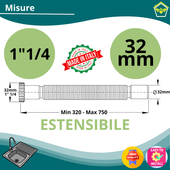 Sifone Lavabo Bagno in Acciaio Tubo Estensibile 1"1/4x32