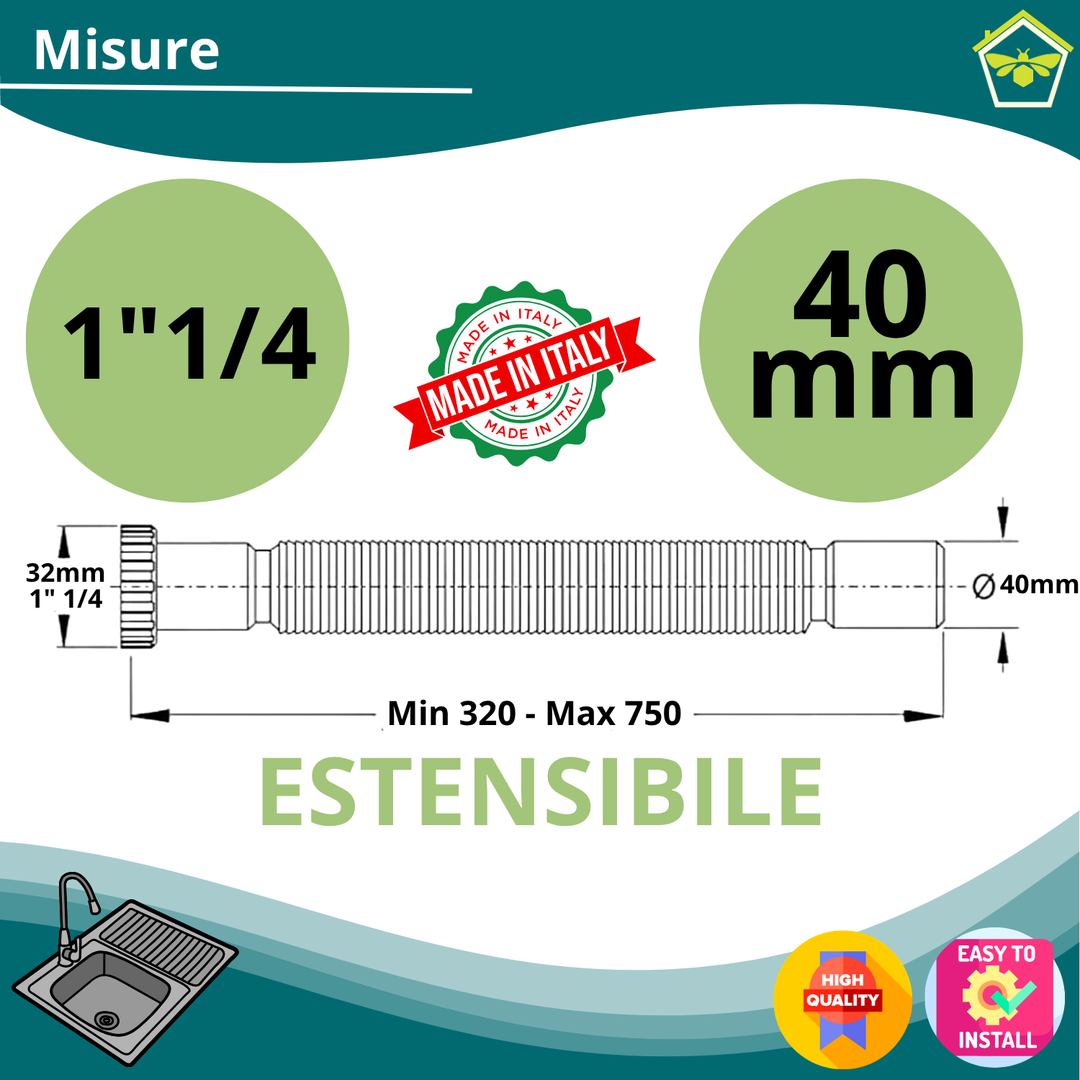 Sifone Lavabo Bagno in Acciaio Tubo Estensibile 1"1/4 x 40