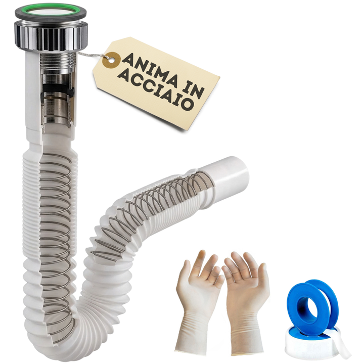Sifone Lavabo Bagno in Acciaio Tubo Estensibile 1"1/4x32