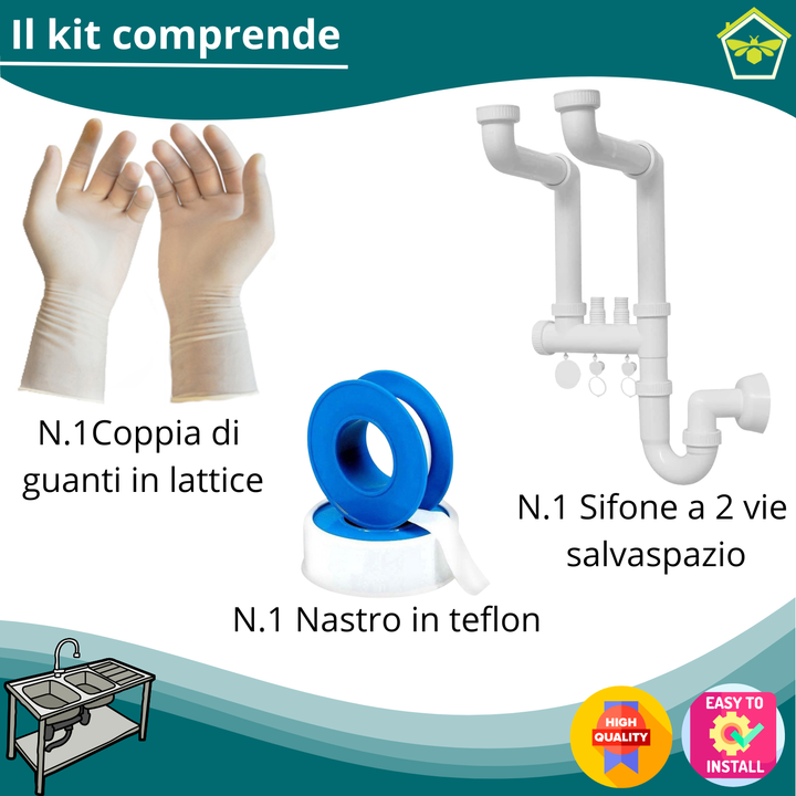 Sifone Lavello Cucina Salvaspazio 2 Vie - 2 Attacchi