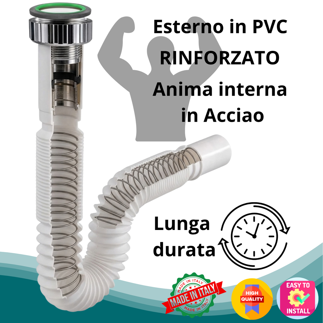Sifone Lavabo Bagno in Acciaio Tubo Estensibile 1"1/4 x 40