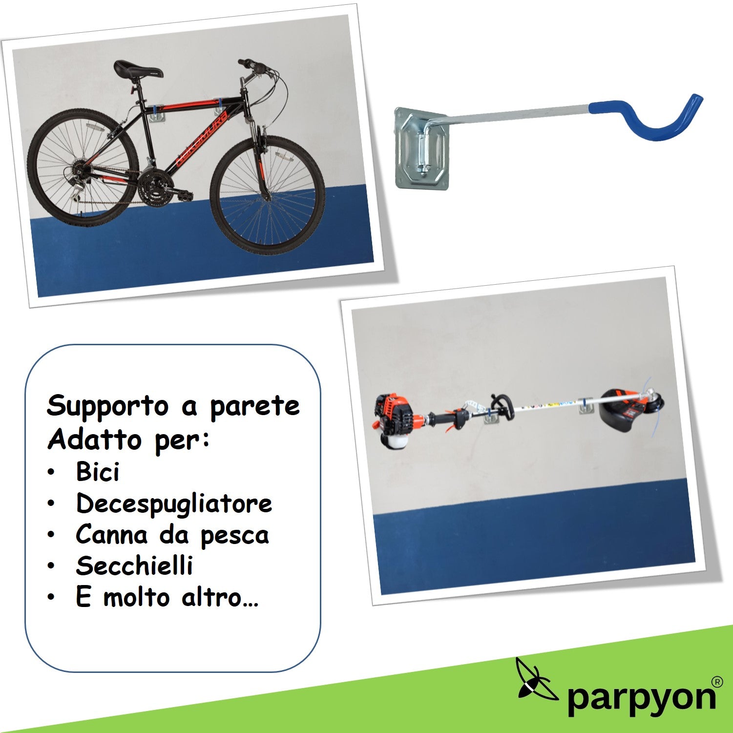 Parpyon® Porta biciclette da muro 2 gancio bici muro, porta bici, porta attrezzi da parete