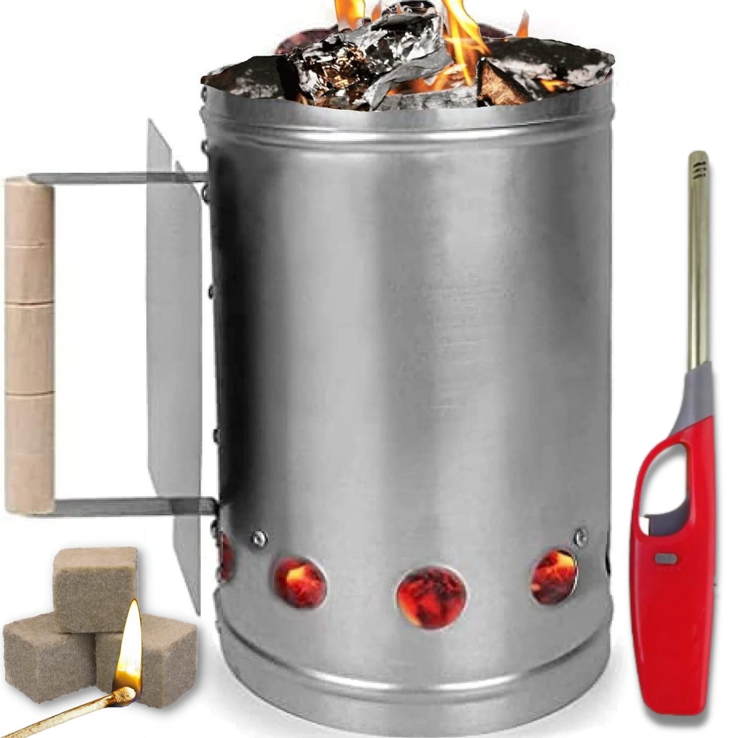 Ciminiera Barbecue accendi carbonella BBQ Kit + accendifuoco 12 cubetti e accendi Gas Omaggio