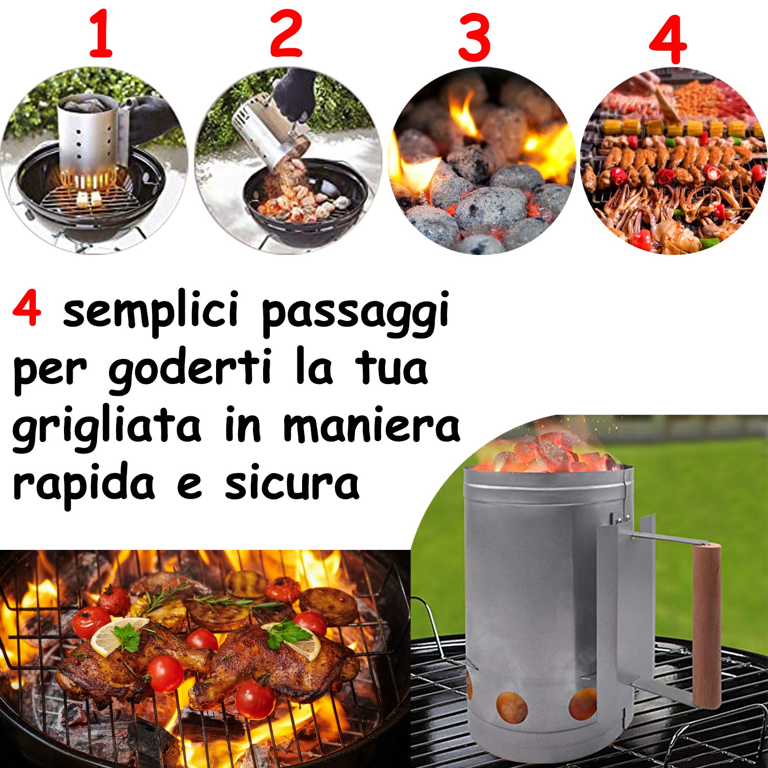 Ciminiera Barbecue Starter BBQ Accendi Fuoco Carbone Carbonella
