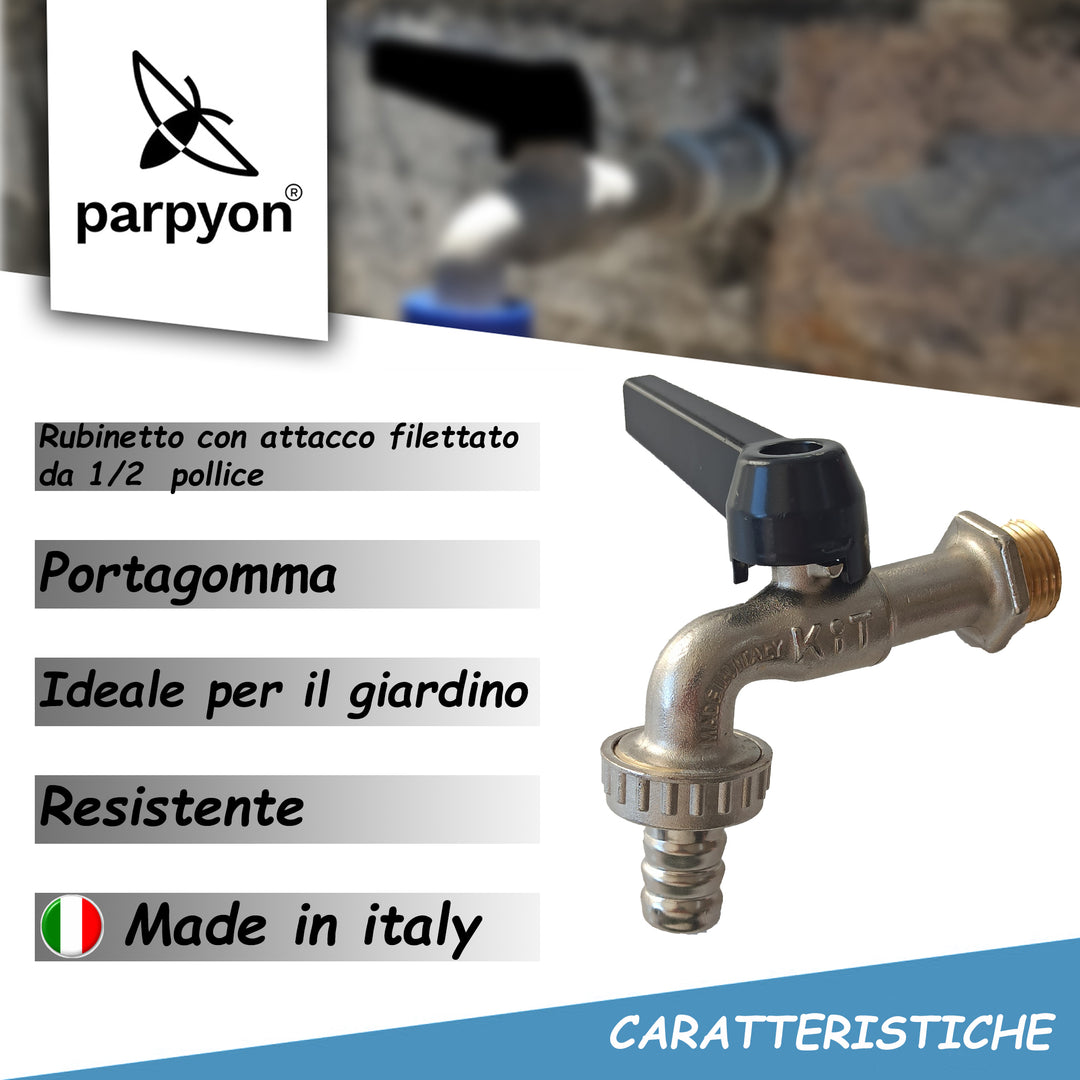 Parpyon® Rubinetto Giardino 1/2 pollice con porta gomma - Prodotto italiano - rubinetto lavabo da esterno con teflon per raccordi tubo irrigazione