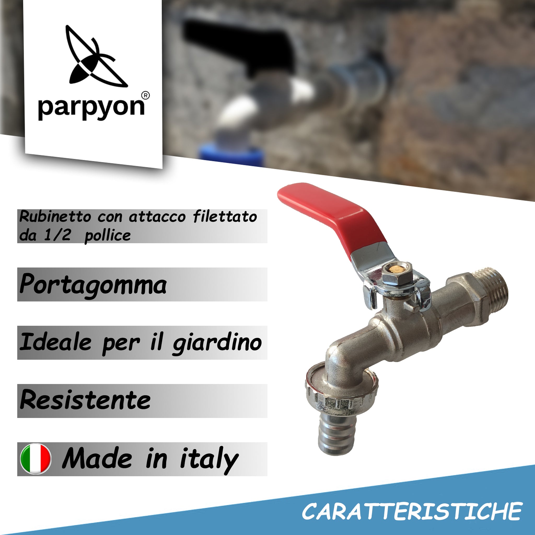 Parpyon® Rubinetto Giardino 1/2 pollice con porta gomma - Prodotto italiano - rubinetto lavabo da esterno con teflon per raccordi tubo irrigazione